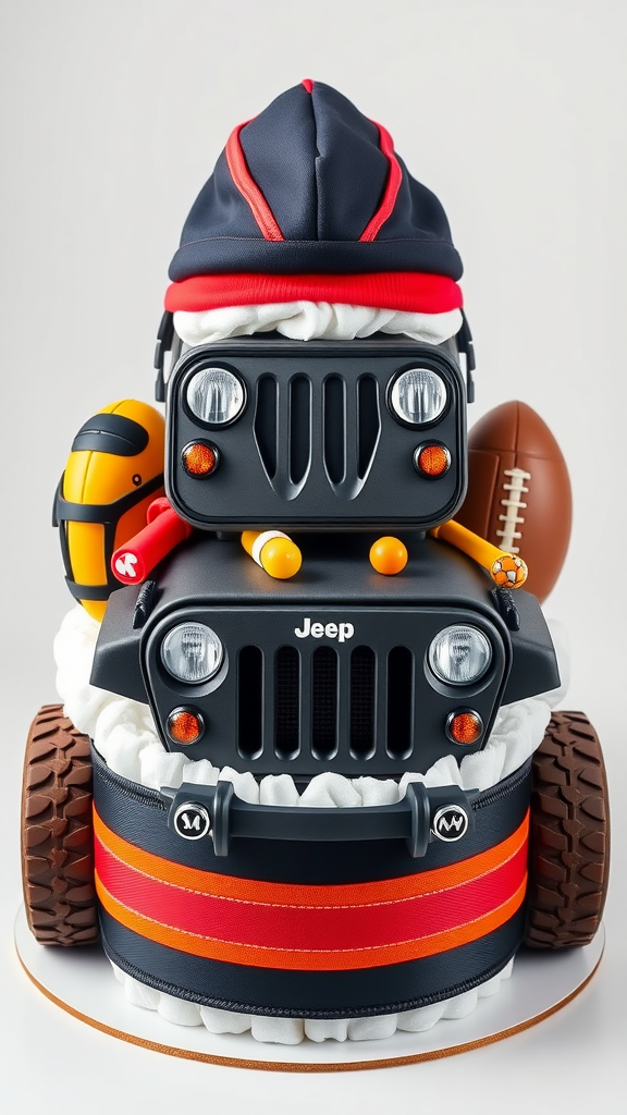 Sporty Jeep diaper cake decorated with sports items