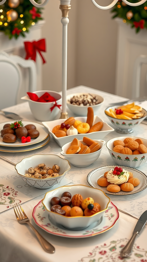 A festive Christmas dining table with assorted treats on themed serving dishes and platters.