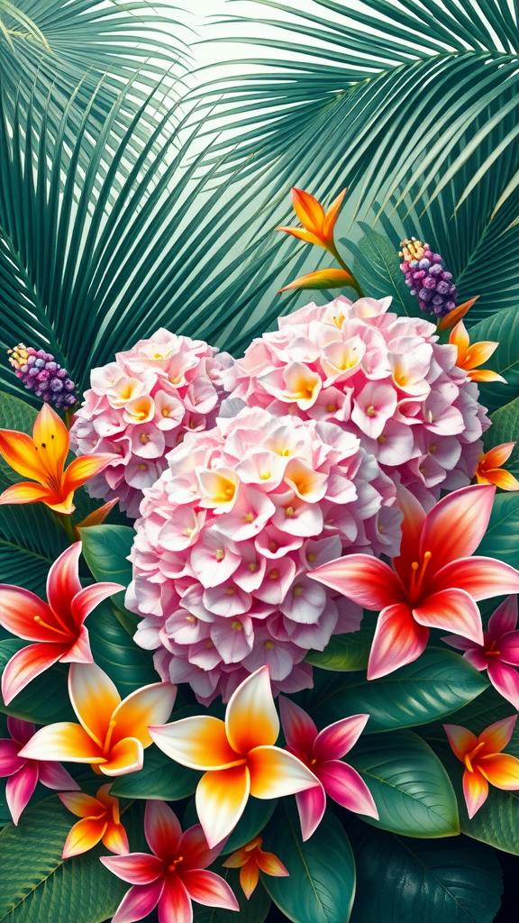 Vibrant tropical floral arrangement featuring pink hydrangeas and colorful tropical flowers.