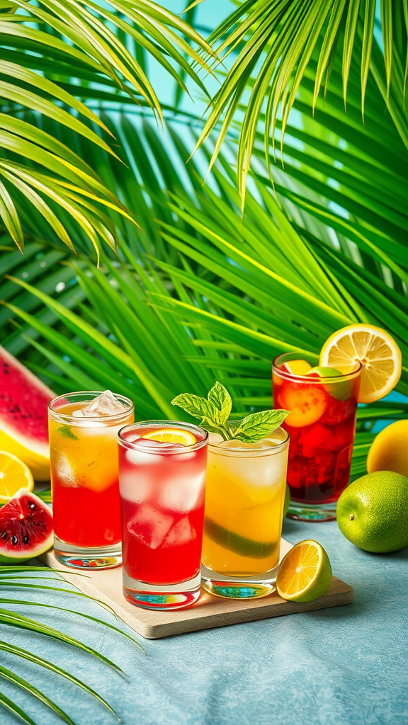 Colorful drinks on a table surrounded by tropical leaves and fruits