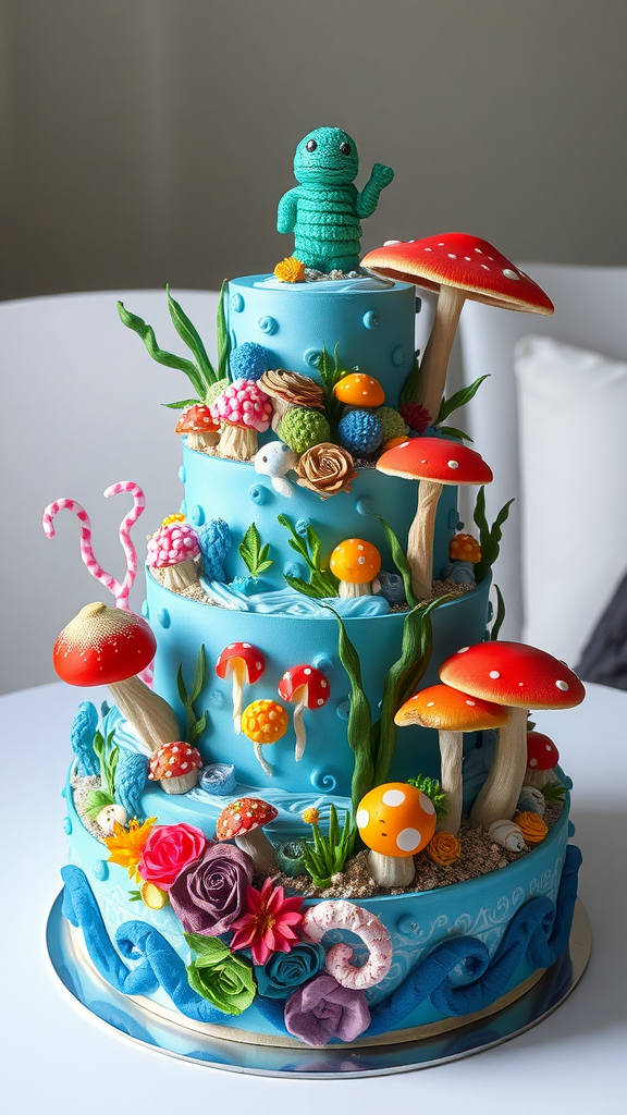 A vibrant diaper cake decorated with colorful mushrooms, flowers, and an underwater creature, showcasing an ocean-themed design.