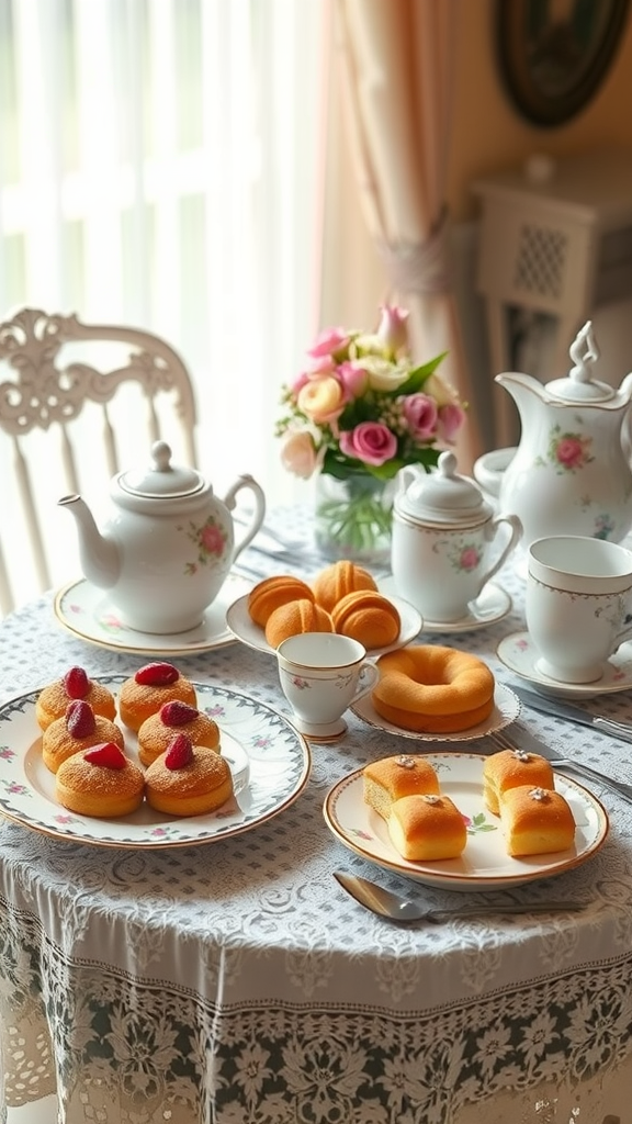 A beautifully set table with a teapot, cups, and an assortment of pastries and flowers.