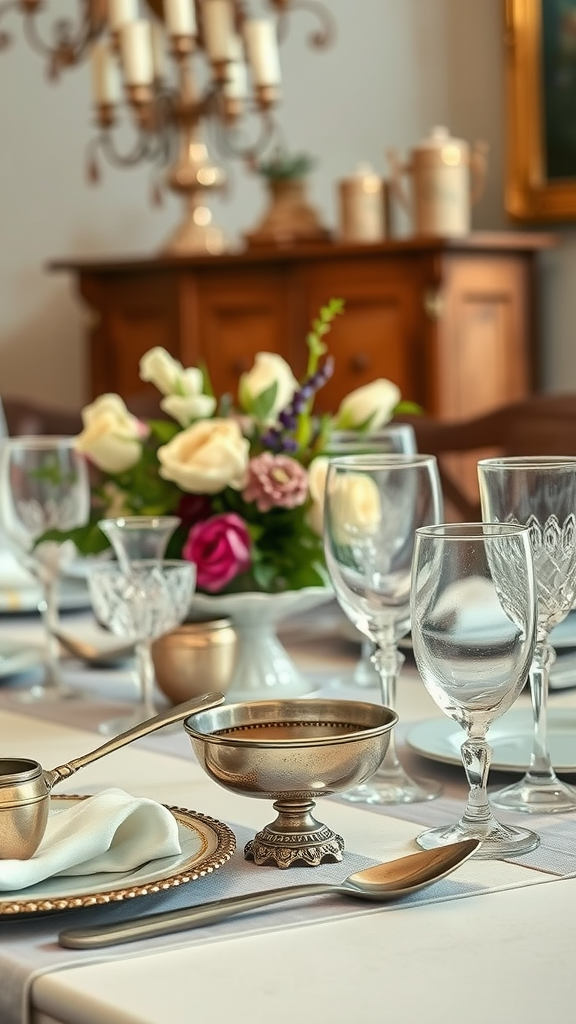 Elegant vintage dining table setup with fine china, silverware, and a floral centerpiece
