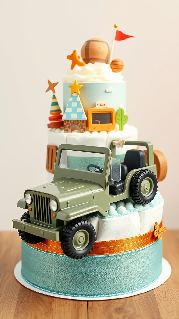 A vintage jeep decorated diaper cake featuring playful decorations and a cheerful design.