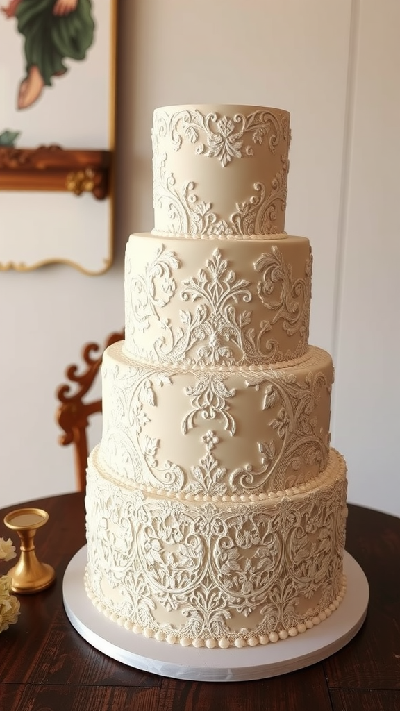 A beautifully decorated vintage lace inspired cake with intricate designs and layers. Elegant Wedding Cakes