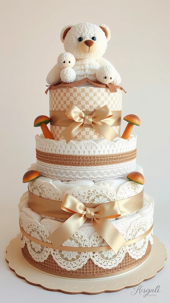 A vintage mushroom and lace diaper cake featuring a teddy bear on top, adorned with lace and ribbons, and decorated with small mushrooms.