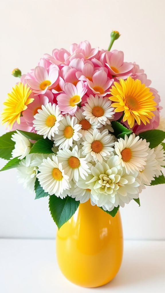 A vibrant bouquet featuring pink daisies, white daisies, and yellow flowers in a yellow vase.