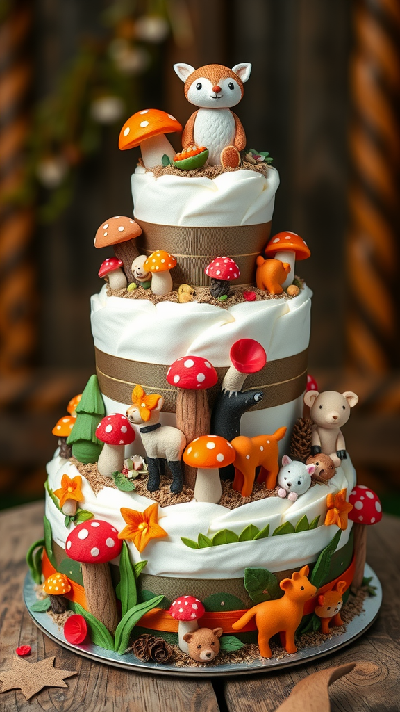 A whimsical woodland diaper cake decorated with mushrooms, animals, and nature elements.