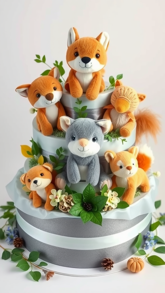 A cute animal diaper cake featuring plush woodland creatures and decorative elements.