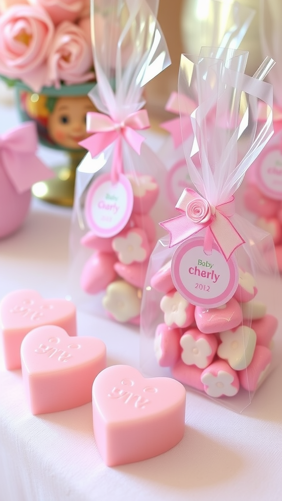 A display of baby shower favors including pastel pink candies in bags and heart-shaped cookies.