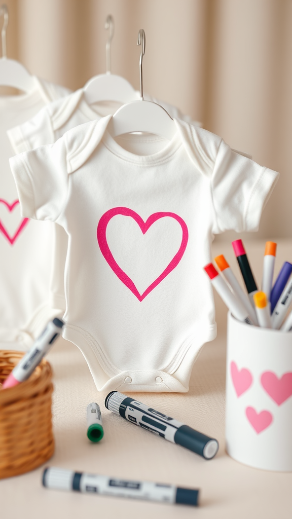 Decorating station with plain baby onesies and colorful markers