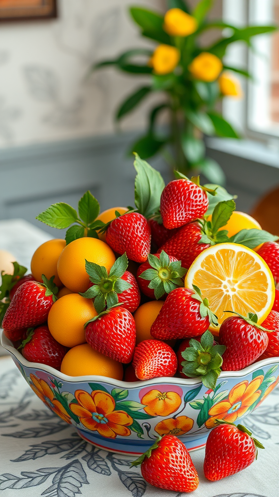 A vibrant bowl filled with strawberries and lemons, showcasing a cheerful medley of colors.