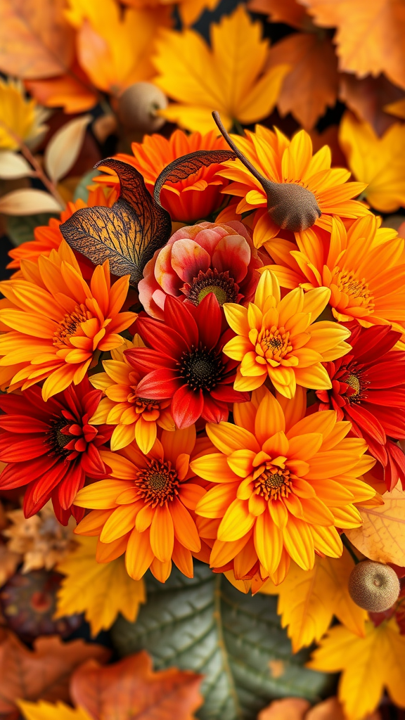A vibrant bouquet of autumn flowers in shades of orange, red, and yellow, surrounded by colorful autumn leaves. Cowboy Wedding Flowers