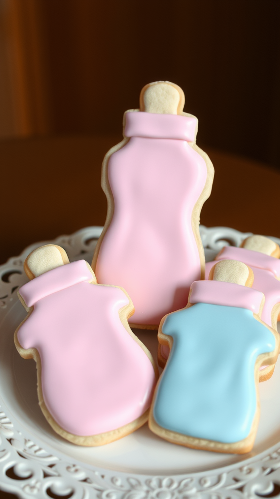 Decorated baby bottle cookies in pink and blue colors