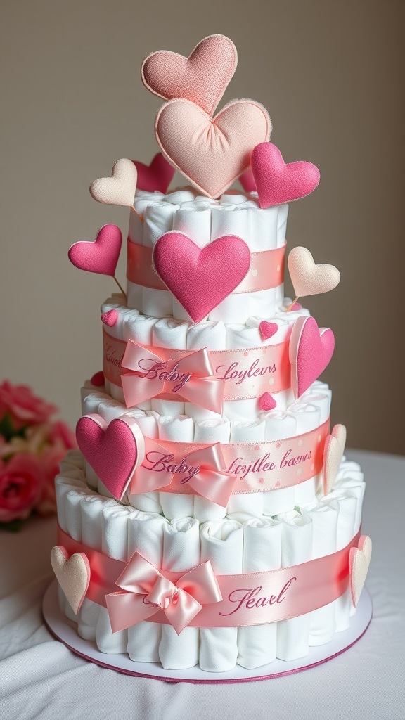 A tiered diaper cake decorated with pink and cream hearts, personalized ribbons, and a lovely pink bow.