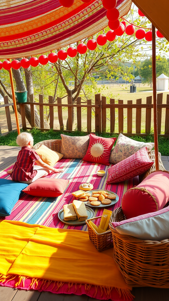 Cozy picnic setup with colorful blankets, pillows, and snacks for a boho theme. boho themed 1st birthday party
