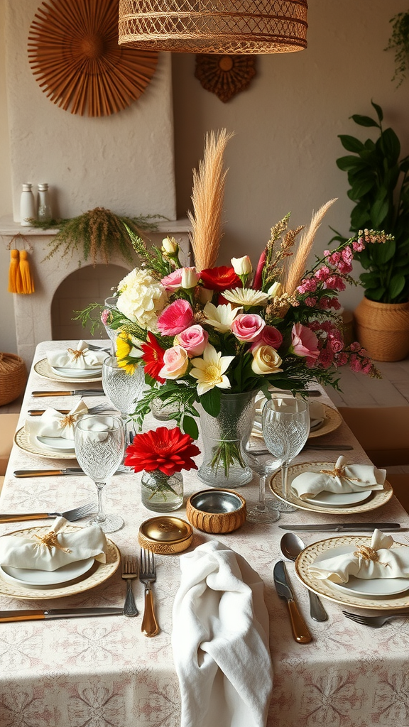 Beautiful boho-inspired table setting with flowers and elegant dishes