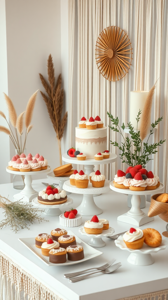A beautifully arranged dessert table showcasing various cakes, cupcakes, and decorative elements in a boho chic style.