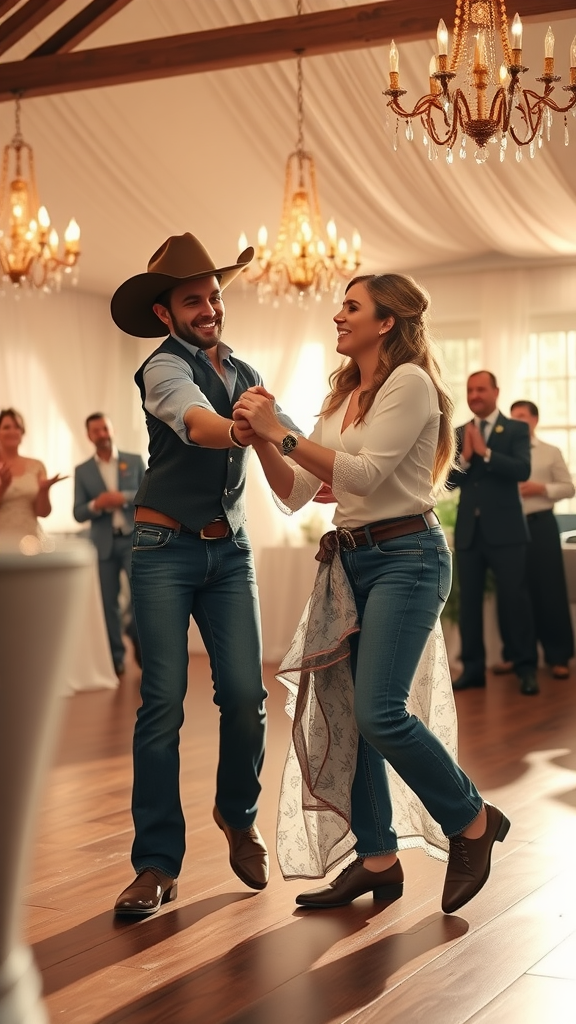 A couple dancing joyfully at a wedding, embodying the spirit of a cowboy wedding entrance.