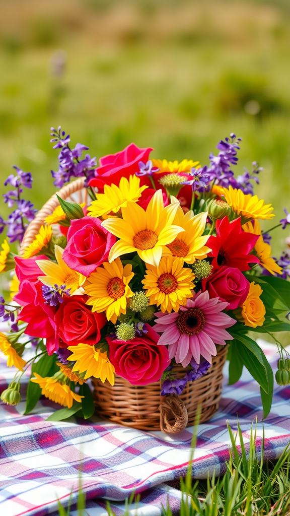A vibrant basket of mixed flowers, including sunflowers, roses, and daisies, on a checkered blanket in a grassy field.