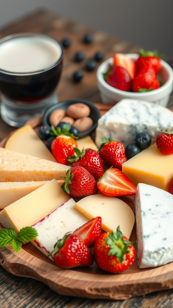 A vibrant cheese board featuring various cheeses and fresh strawberries. Strawberry Centerpiece Ideas