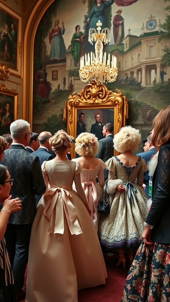 Guests in Rococo-style attire at a lavish party, with a grand chandelier and ornate background.