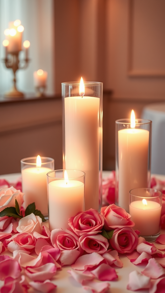 Candle centerpieces with pink rose petals on a table.