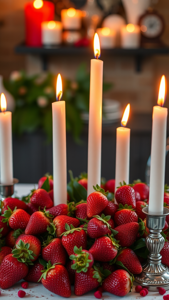 A decorative arrangement of fresh strawberries surrounded by lit candles, creating a cozy and inviting atmosphere. Strawberry Centerpiece Ideas