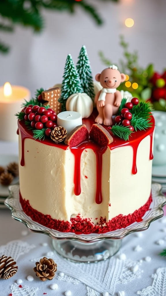Cheesecake with red velvet crust, topped with cream, flowers, and a festive glaze