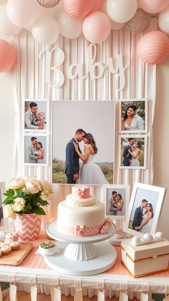 Decorative table display for a baby shower featuring the word 'Baby', framed photos, a cake, and floral arrangements.