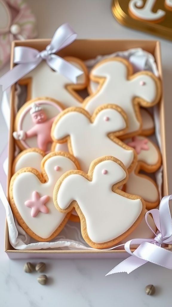 A box of beautifully decorated sugar cookies in various shapes for a baby shower. Valentine Baby Shower Sugar Cookies