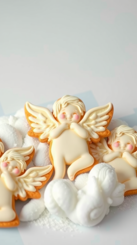 Decoratively iced cherub cookies surrounded by powdered sugar