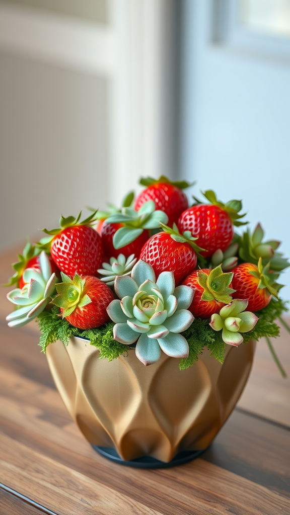 A chic arrangement of fresh strawberries and succulents in a decorative bowl.
