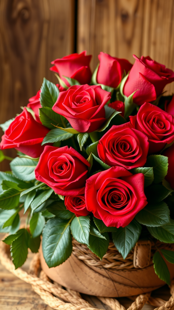 A bouquet of red roses in a woven basket against a wooden background. Cowboy Wedding Flowers