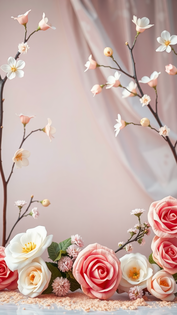 A Rococo cake decoration featuring flowers in soft pink and white hues against a light background.