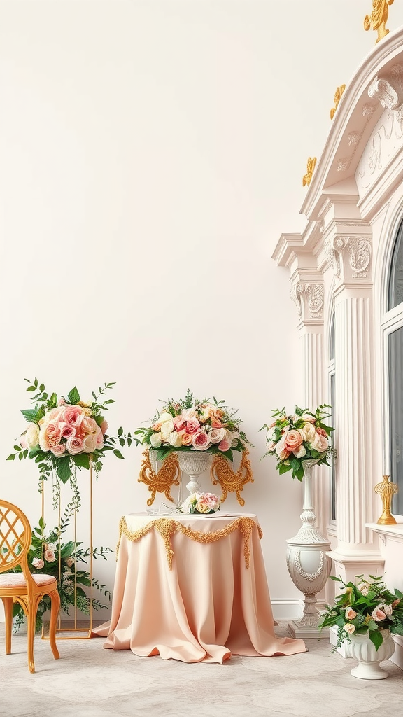 Elegant wedding setup featuring pastel colors, floral arrangements, and ornate decor.