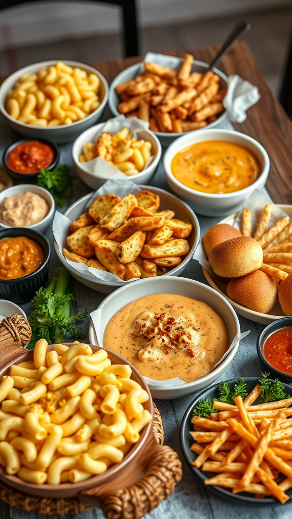 A variety of comfort foods including macaroni and cheese, fries, bread rolls, and dips arranged on a wooden table.