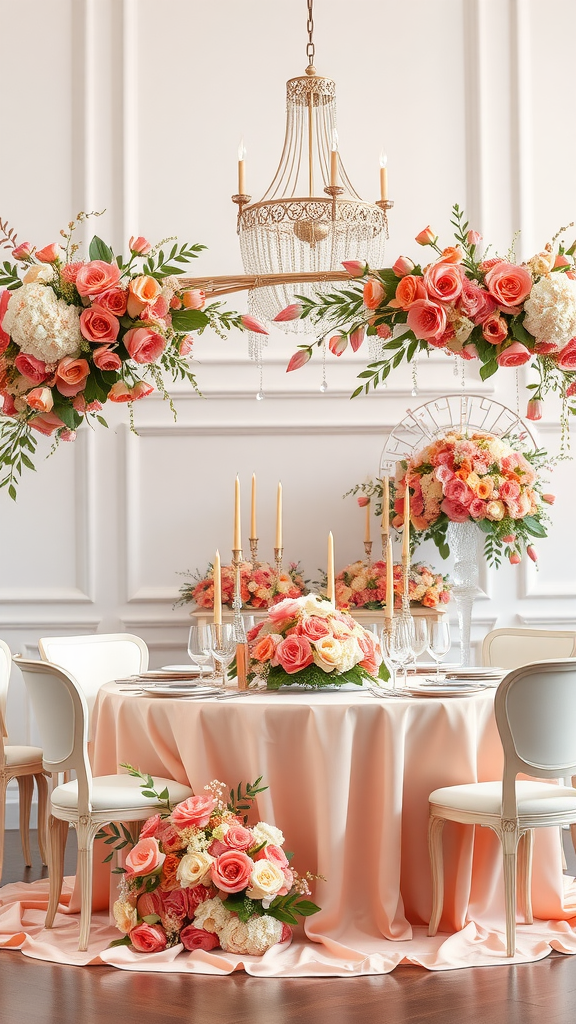 A beautifully decorated wedding table with coral and blush flowers, elegant candles, and a soft blush tablecloth.