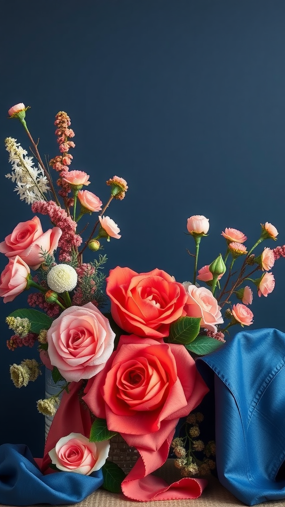 A floral arrangement featuring coral roses and navy fabric against a dark background.