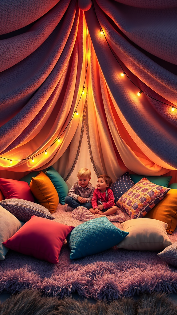 A cozy blanket fort with two children sitting on colorful pillows, surrounded by warm lights.