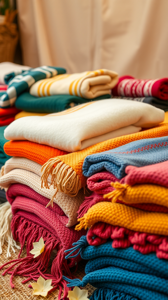 A vibrant array of colorful blankets stacked together, showcasing different textures and patterns.