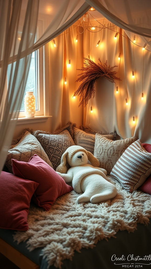 A cozy corner setup with pillows, a stuffed animal, and fairy lights.