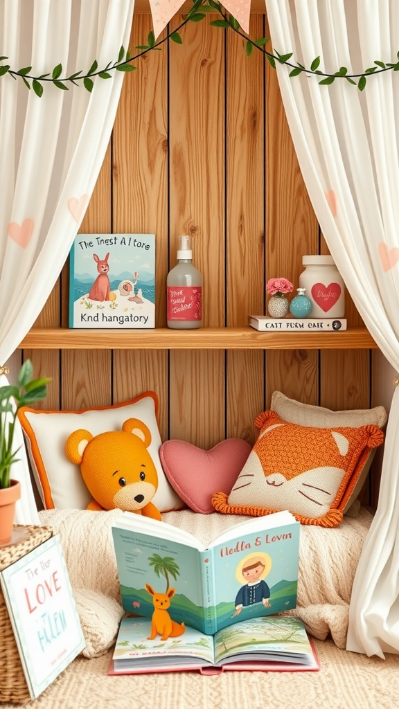 A cozy reading nook with soft pillows, a children's book open, and charming decorations.
