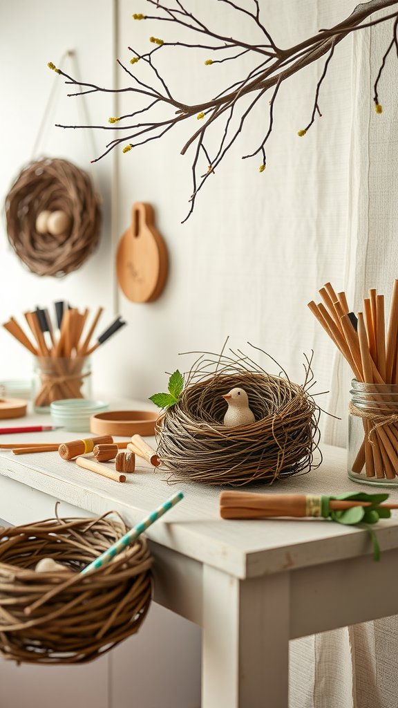 A cozy craft station with natural elements, featuring nests, wooden tools, and colorful straws.