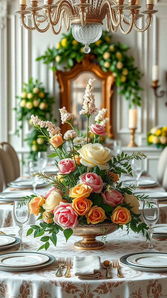 Luxurious Rococo-style table centerpiece with roses and greenery in an elegant dining setting