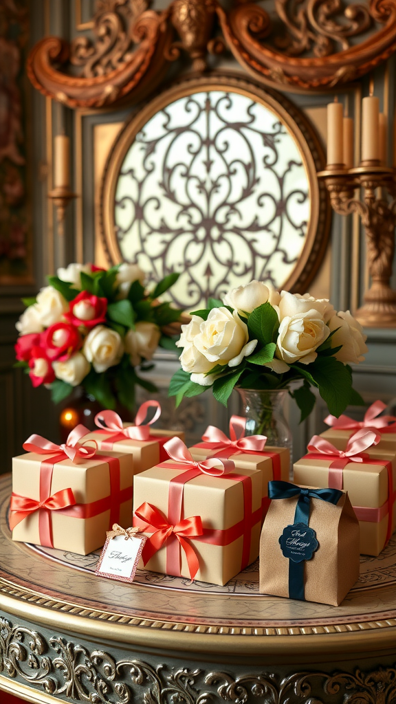An elegant display of Rococo-inspired party favors on a lavish table with flowers.