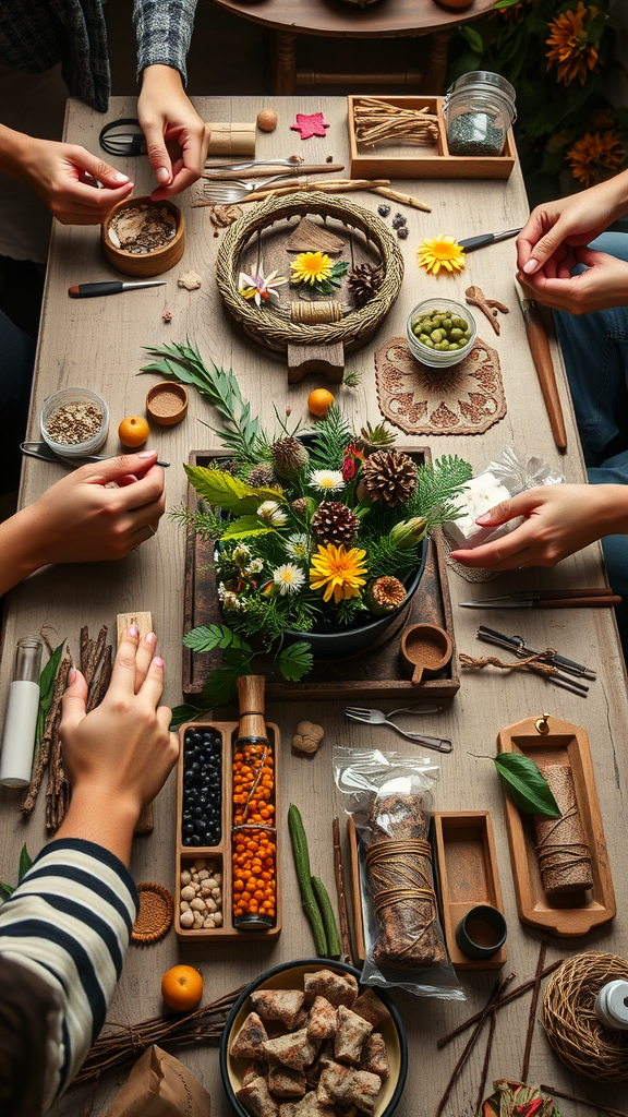 A crafting table with hands working on natural elements, surrounded by flowers, pine cones, and colorful berries.