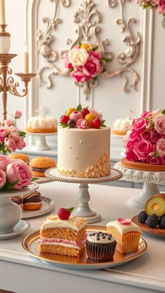 A Rococo-inspired dessert station featuring a beautifully decorated cake, pastries, and fresh flowers.
