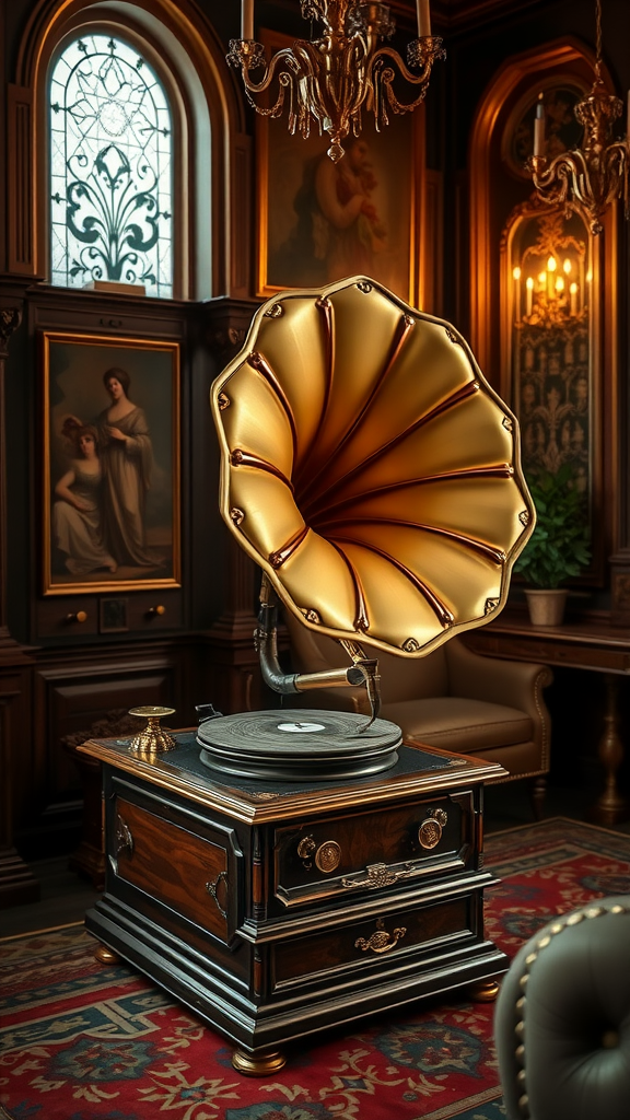 An ornate gramophone in a lavish interior, symbolizing Rococo style.