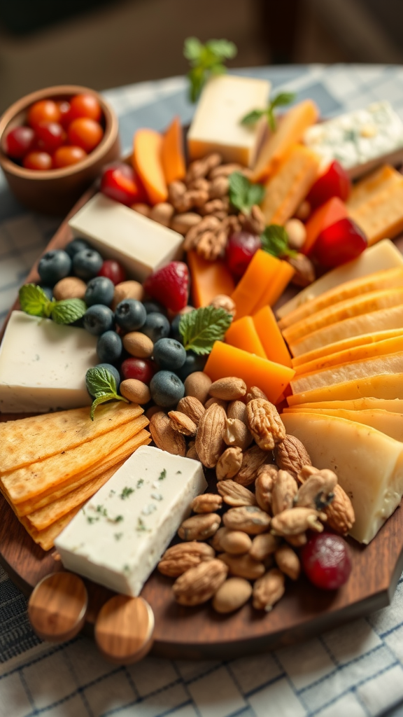 A beautifully arranged snack platter with various cheeses, nuts, and fruits.